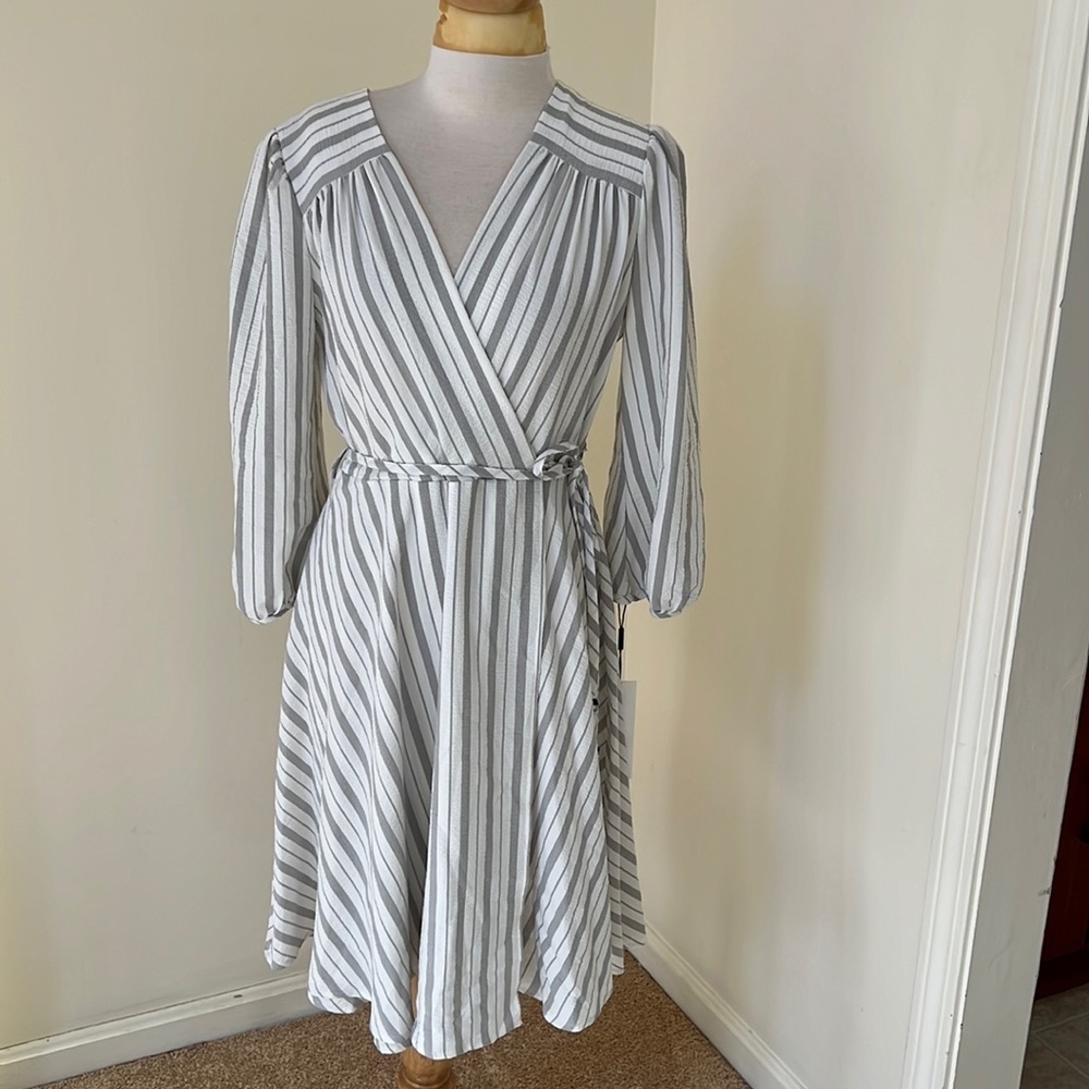 New! Calvin Klein SZ 8, white/grey striped faux wrap dress.